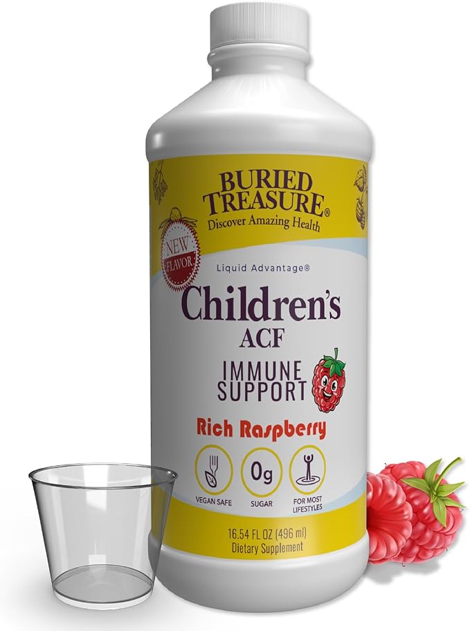 Buried Treasure Children’s ACF Dose Liquid Immune Support for Kids – Elderberry Echinacea &amp Botanicals – Raspberry Flavor 16 oz with Dose Cup