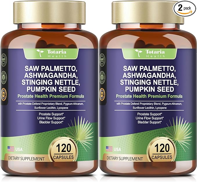 Totaria 2Pack Organic Saw Palmetto - Prostate Health Supplements for Men with Ashwagandha Root Stinging Nettle Pumpkin Seed Prostate Defend Propnietary Blend DHT Blocker 240 Count