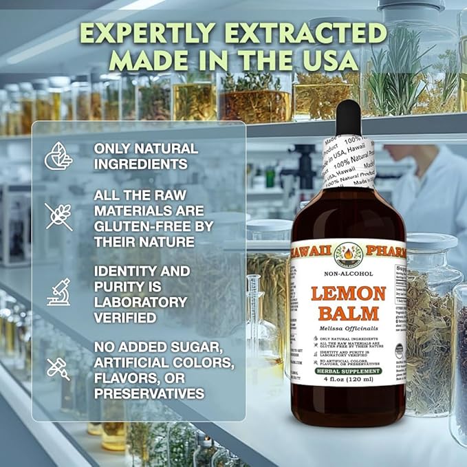 Hawaii Pharm Lemon Balm Alcohol-Free Extract Glycerite for Relaxation Supports Restful Sleep Promotes Mental Clarity and Cognitive Function Eases Digestive Discomfort - 2 fl.oz