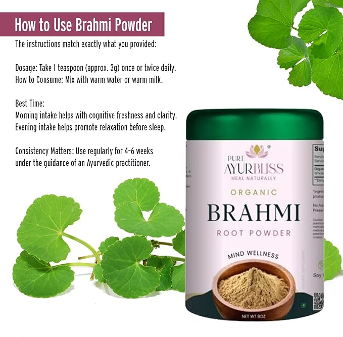 100% Organic Brahmi Powder Ayurvedic Bacopa Monnieri for Memory Focus and Nervous System Care Nootropic Brain Support Blend for Cognitive Wellness Gut Balance - 8oz Tin Box