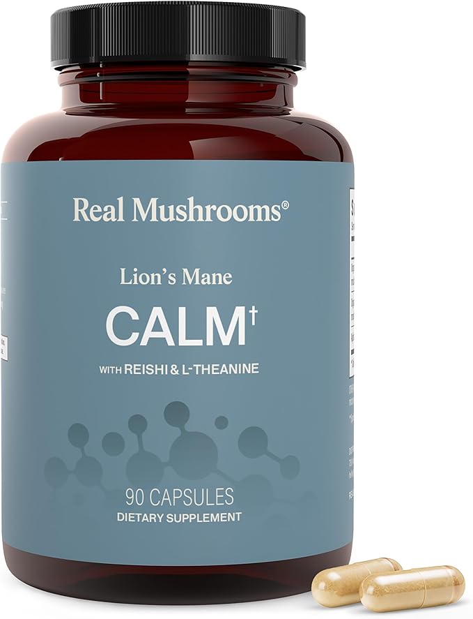 Real Mushrooms Lion’s Mane Calm Capsules (90 Count) – Organic Lions Mane Fruiting Body Extracts 200mg Organic Reishi 200mg AlphaWave L-Theanine for Calm Clarity &amp Relaxed Alertness 90ct
