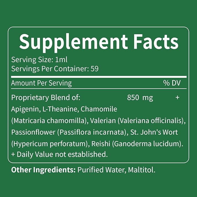 Apigenin Supplements for Sleep 7-in-1 Formula Drops w/Chamomile Extract &amp L-Theanine for Calming &amp Relaxation Support Fast Apsorption Liquid w/Valerian Root &amp Passion Flower. 2oz