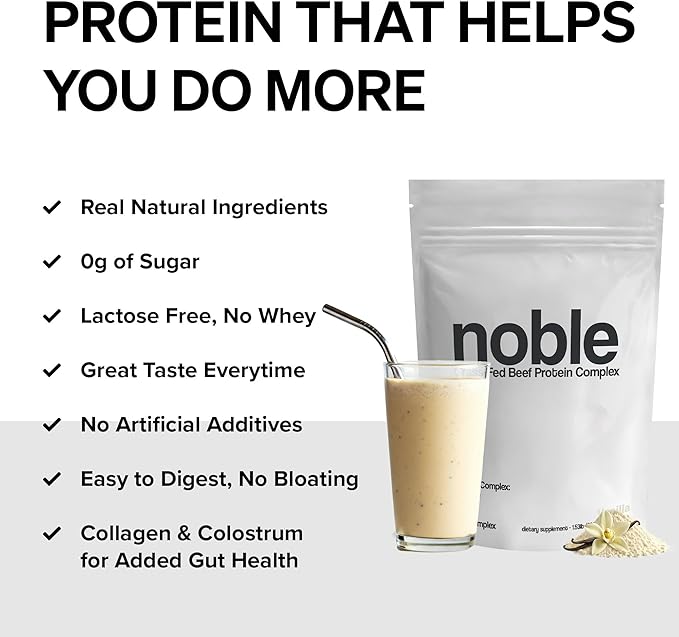Noble Grass Fed Beef Protein Powder | Beef Protein w/Collagen Colostrum Organ Blend | Carnivore Keto Friendly | Whey Gluten Free | Muscle Gut Health Skin Joint Support | 30 Servings Vanilla
