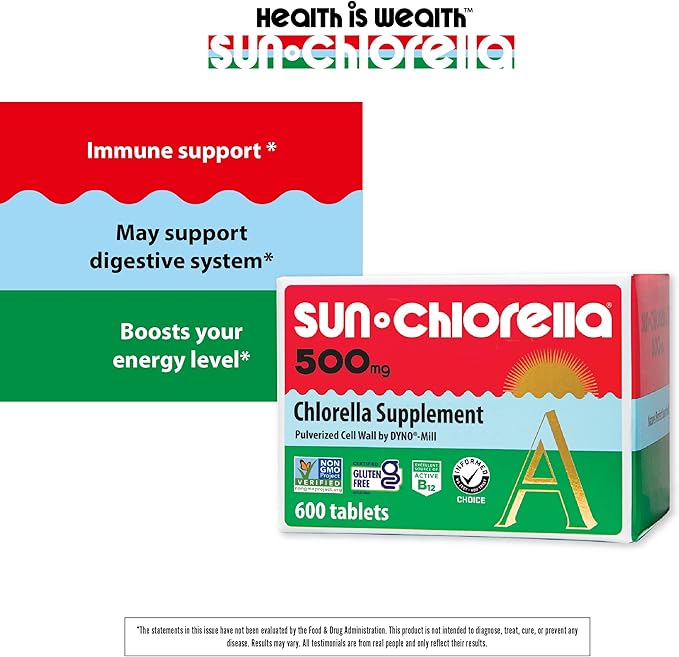 Sun Chlorella 500mg Whole Body Wellness Green Algae Superfood Supplement - Immune Defense Gut Health Natural Purification Energy Boost - Chlorophyll B12 Iron Protein - Non-GMO - 600 Tablets