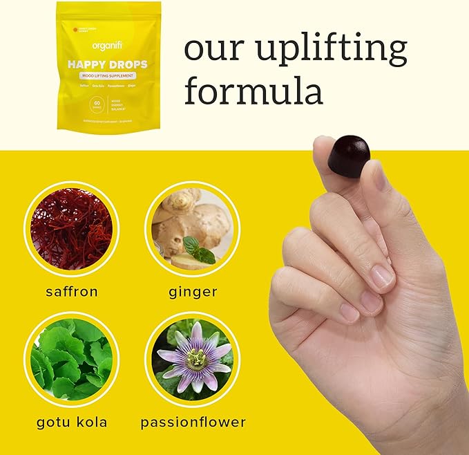 Organifi Happy Drops - Daily Superfood Happy Gummies for Adults - Mood Support Supplement for Balance Bliss Energy and Taking the Edge Off - Sweet Lemon Flavor - 60 Gummies