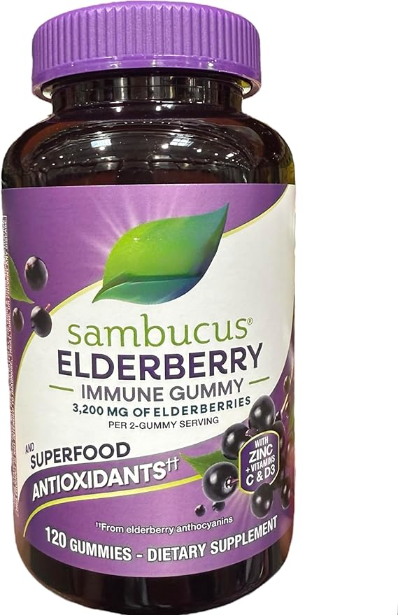 Nature's Ways_Sambucus Elderberry Immune Support Gummies with Zinc Vitamins C and D3 Antioxidant Superfood 3200mg 120 Count Ages 4+-Sold ONLY- RCB Supplies