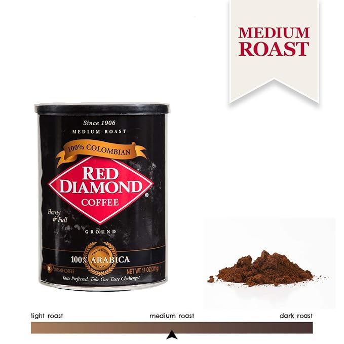 Red Diamond Ground Coffee | 100% Colombian | Medium Roast | Arabica Beans | Hearty &amp Full Flavor | 11 Ounce Resealable Can