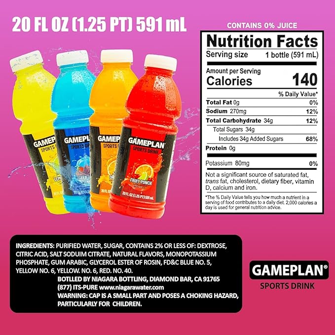 Gameplan Sports Drink Variety Pack - Fruit Punch Mixed Berry Lemmon Lime Orange - 20 FL OZ - 12 Pack