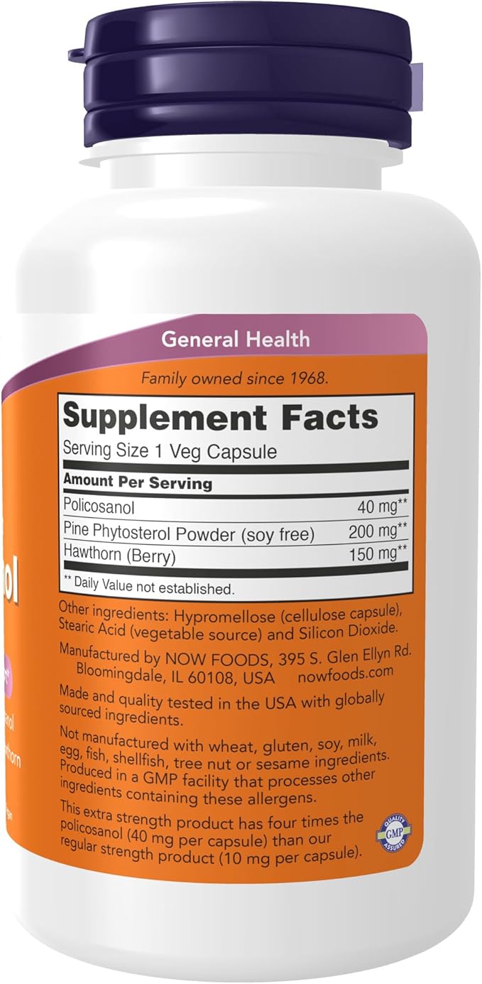 NOW Foods Supplements Policosanol 40mg with Pine Plant Sterols and Hawthorn Extra Strength 90 Veg Capsules