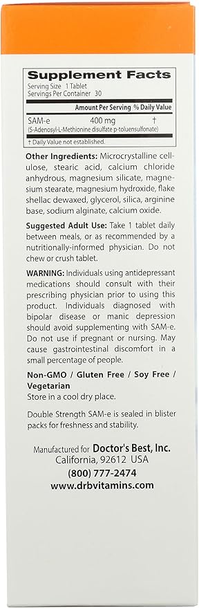 Doctor's Best SAM-e 400 mg Vegetarian Gluten Free Soy Free Mood and Joint Support 30 Enteric Coated Tablets