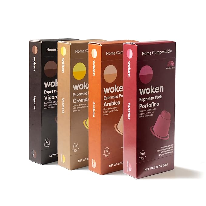WOKEN COFFEE Compostable Pods | Variety Pack | Roasted in USA | Compatible With Nespresso Original Machines | Rich Aroma Smooth Taste Eco-Friendly Biodegradable Coffee Capsules | 40 Pods (4 Boxes)
