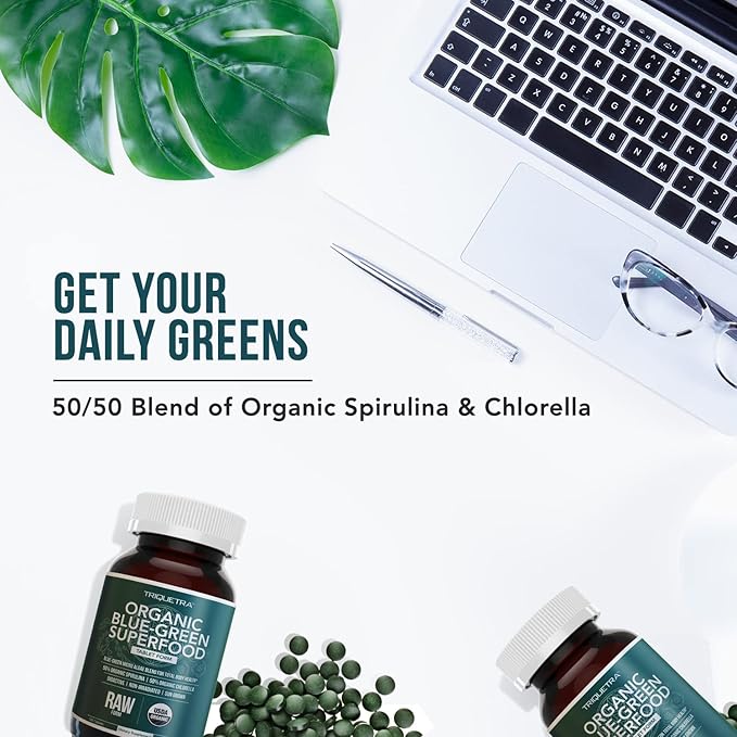 Organic Spirulina &amp Chlorella Tablets – 4 Organic Certifications Raw Non-Irradiated – 50/50 Blue Green Algae Blend – Antioxidant Content Equal to 5 Servings of Vegetables (120 Tablets)