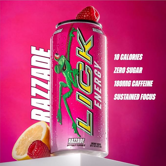 LICK Energy Drink - Zero Sugar No Crash Green Tea Caffeine (180mg) with Antioxidants and Vitamins A B6 B12 and C 16oz (12pk) - Razzade/Raspberry Lemonade