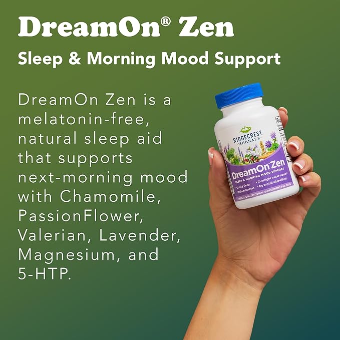 Ridgecrest Herbals DreamOn Zen Sleep Support Supplement Melatonin Free Magnesium 5-HTP Lavender Chamomile Valerian Lemon Balm for Adults and Children 12+ (60 Caps 30 Serv)