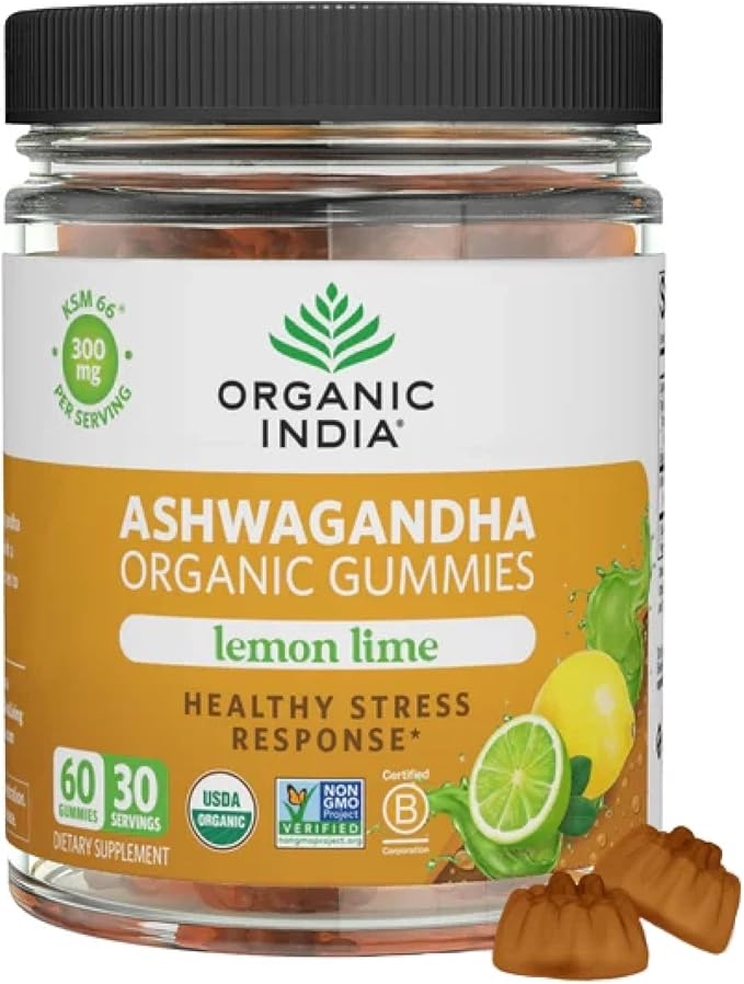 ORGANIC INDIA Ashwagandha Gummies for Men &amp Women - Stress Supplement KSM-66 Ashwagandha Root Extra Strength Calm Chews Vegan Non-GMO - Lemon Lime 60 Gummies