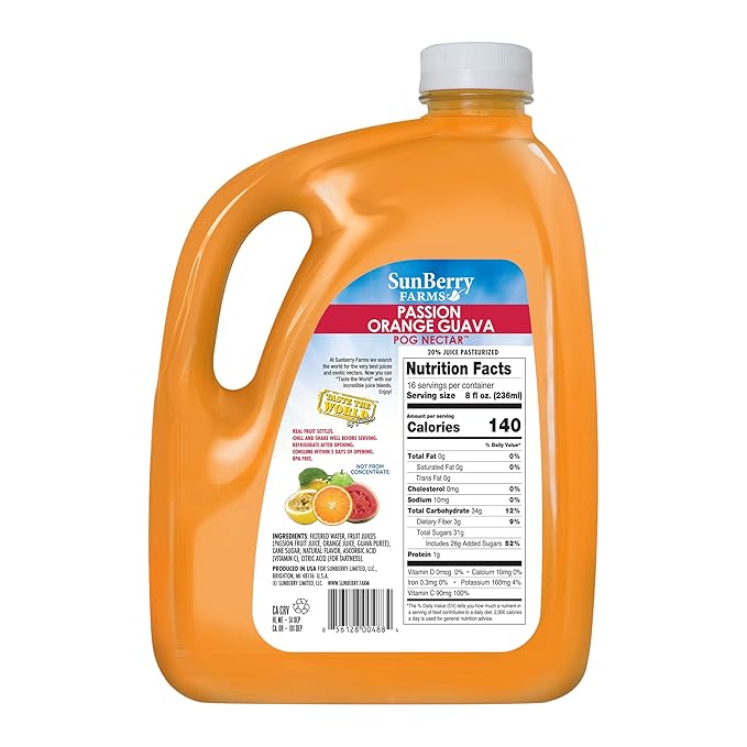 Sunberry Farms POG 128oz – Passion Orange Guava Tropical Juice Real Fruit Nectar No Artificial Flavors or Colors Family-Size 1 Gallon Bottle