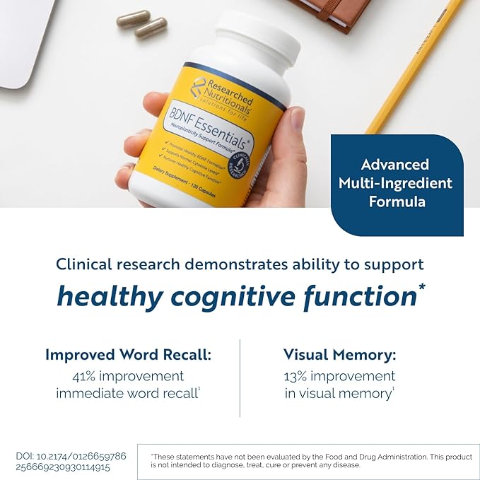 Researched Nutritionals BDNF Essentials - Clinically Researched Brain Supplement with Bacopa Monnieri &amp Lions Mane Mushroom - Supports Neuroplasticity &amp Healthy Cortisol Levels 120 Capsules