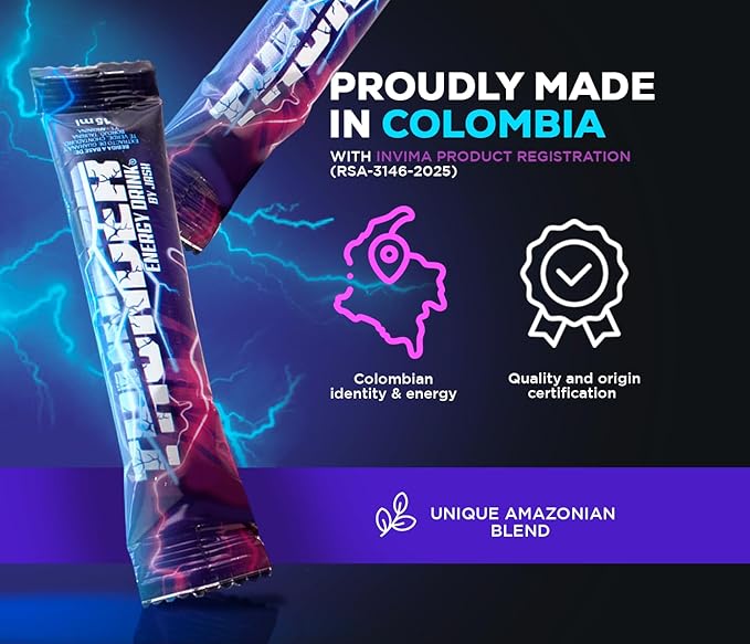 THUNDER energy drink by JASH: box of 10 sachets 15 ml each. Tropical botanical drink in sachets with guarana green tea peach palm and borojó. Liquid format.