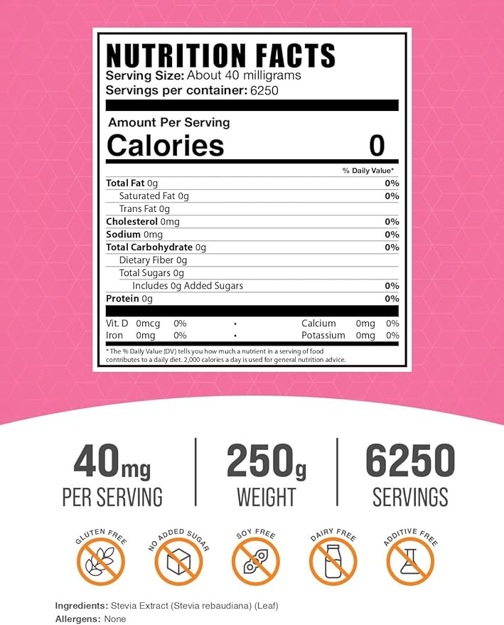 BulkSupplements.com Stevia Extract Powder - Stevia Sweetener - Zero Calorie Sweetener Gluten Free 40mg per Serving 250g (8.8 oz) (Pack of 1)