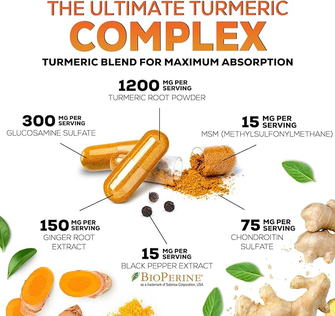 Turmeric Curcumin Supplement - 95% Curcuminoids with Glucosamine Ginger &amp MSM BioPerine Black Pepper Extract for Best Absorption Natural Vegan Joint Support Non-GMO Bottled in USA - 180 Capsu