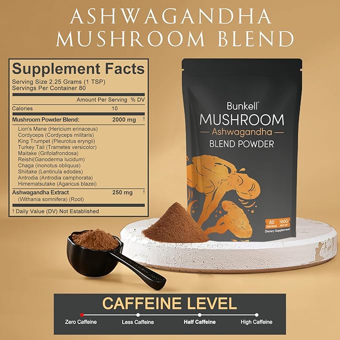 Ashwagandha Mushroom Powder Adaptogenic 10 Mushrooms Complex W/Ashwagandha - Lion's Mane Reishi Chaga &amp Maitake - Adaptogens Powder for Energy Cognitive &amp Immune Support 80 Servings