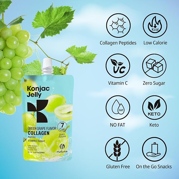 Hethstia Konjac Jelly Green Grape Flavor 10 Pouches Drinkable Grape Jelly with Collagen Peptides 7 Kcal Sugar Free Gluten Free Keto Vegan On-The-Go Chewy Light Snacks