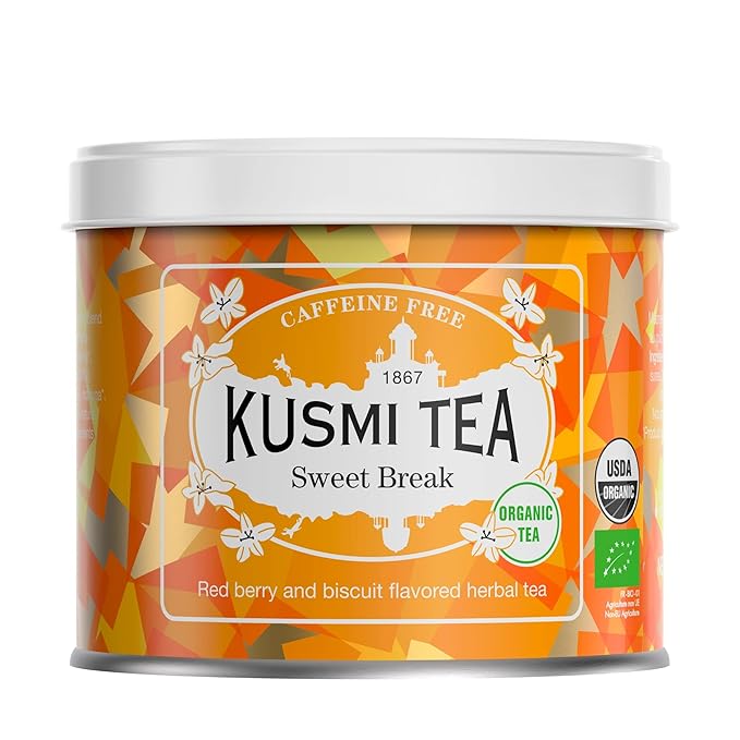 Kusmi Tea Sweet Break - 3.5 oz Loose Tea Tin - Organic Herbal Tea with Hibiscus Red Berry &amp Hints of Cookie - Caffeine Free - Enjoy Hot or Iced