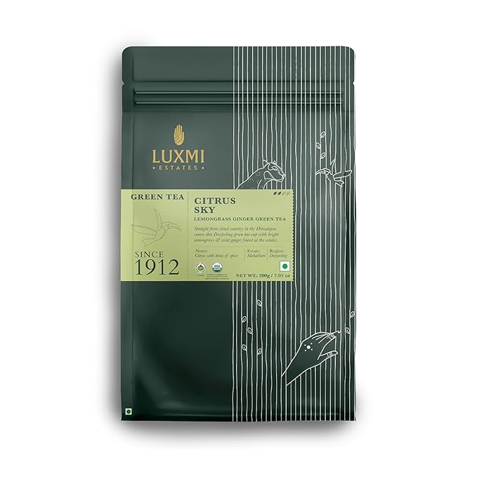 Luxmi Estates Citrus Sky Lemongrass Ginger Green Tea 200g Loose Leaf Pack | Certified Organic Darjeeling Green Tea | Citrus Flavor &amp Aroma | Natural Lemon Balm Tea - Calming Supports Digestion |