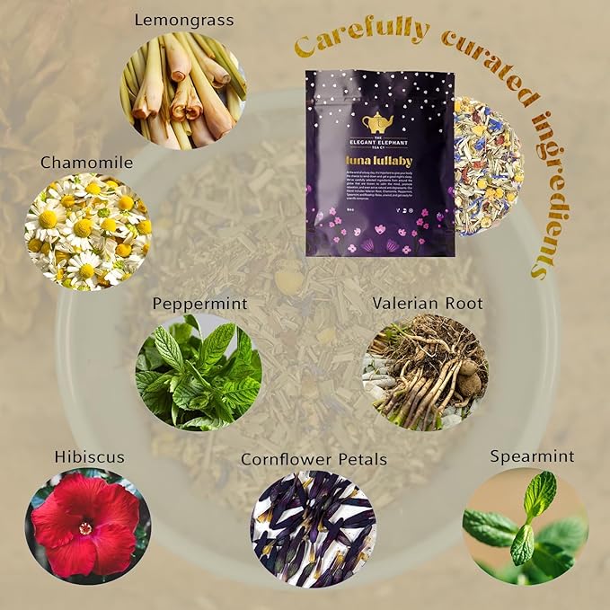 Luna Lullaby Sleep Tea Organic Loose Leaf Herbal Tea – Calming Relaxing Bedtime Tea – Chamomile Valerian Root Peppermint – 4 oz Resealable Bag (Makes 50 Cups) – The Elegant Elephant