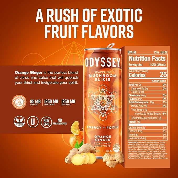 Odyssey Elixir Sparkling Adaptogen Drink Low Calorie Drinks with L Theanine Lions Mane Cordyceps and Green Tea Caffeine for Energy and Focus Non-GMO Vegan12 Fl oz 4 Pack (Orange Ginger)