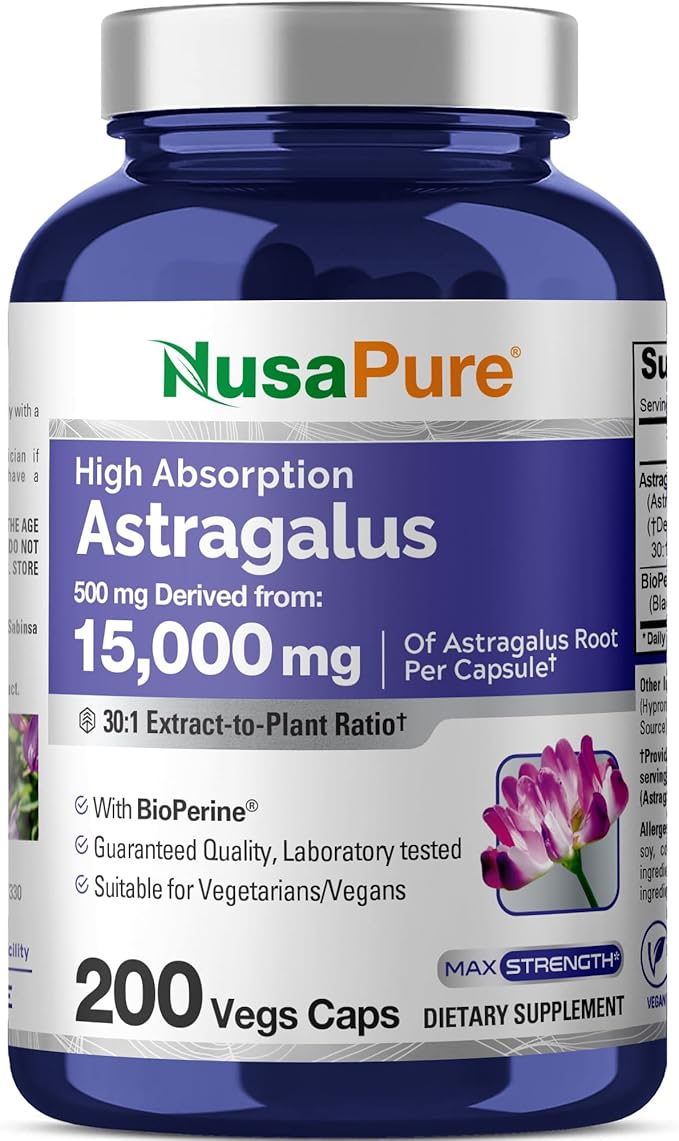 NusaPure Astragalus Root 30:1 Extract 500 mg Equivalent to 15000 mg 200 Veg Caps Suitable for Vegetarians and Vegans Non-GMO