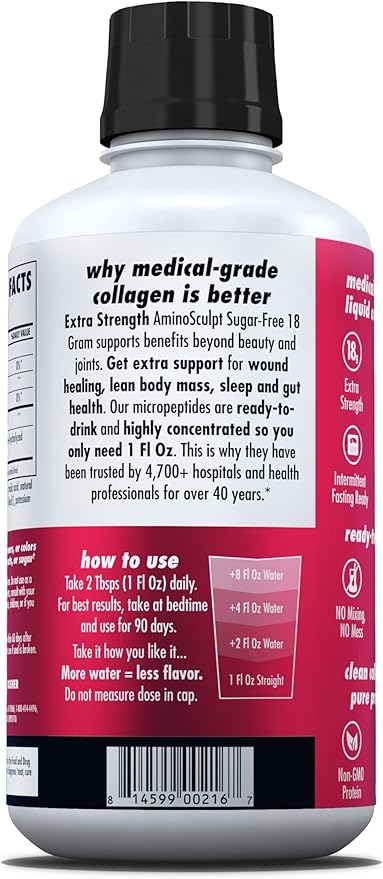 HEALTH DIRECT AminoSculpt Sugar-Free Collagen Supplement - High Potency Medical-Grade Protein for Hair Skin Nails &amp Joints Grass-Fed Non-GMO Liquid Collagen - Tart Cherry - 30 Fl Oz