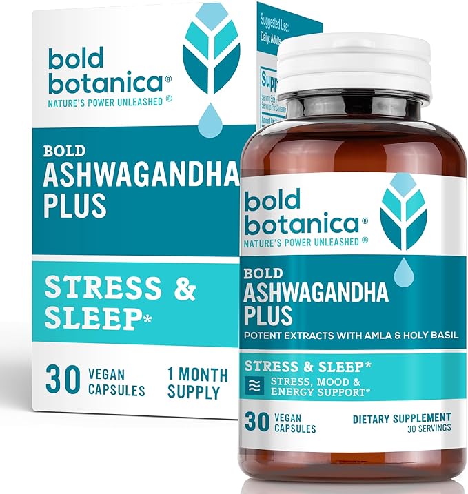 Bold Botanica Ashwagandha Plus – Ashwagandha Supplement for Women &amp Men – Stress Mood Memory &amp Energy Support – Triple Adaptogenic Formula with Amla &amp Holy Basil 1 Capsule Daily – 30 Ve
