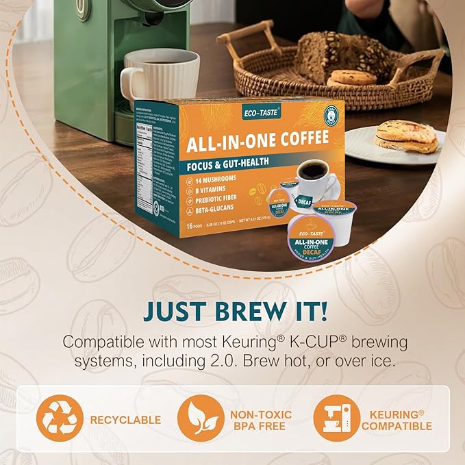 Decaf Mushroom Coffee K Cup – Focus &amp Gut-Health with 14-Mushrooms Vitamins L-Theanine and Alpha GPC Single Serve Pods - No Crash or Jitters 16 Count