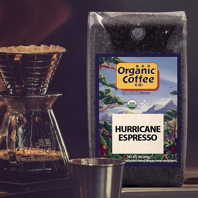 Organic-Coffee Co. Hurricane Espresso Whole Bean Coffee 2LB (32 Ounce) Medium Dark Roast Natural-Water Processed USDA Organic