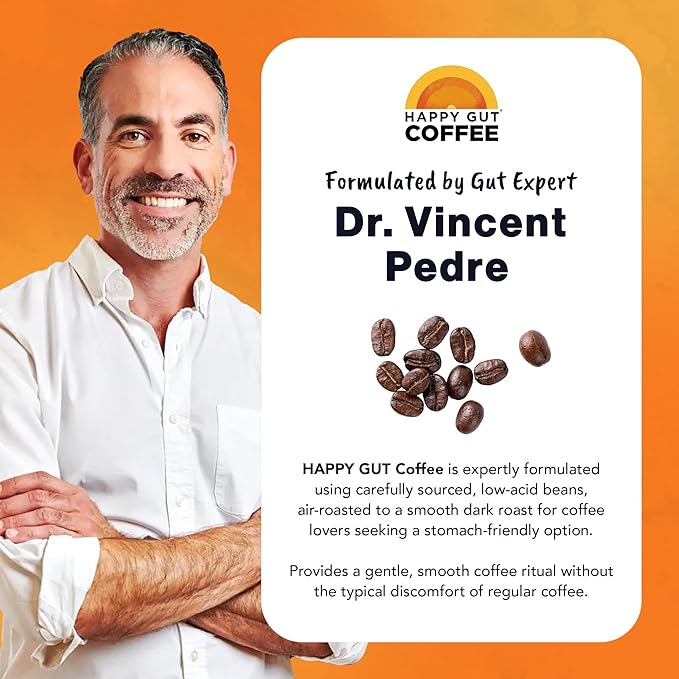 Happy Gut Coffee - Doctor-Formulated Organic Medium-to-Dark Roast Coffee - Gut-Friendly - Gentle on Stomach - Rich Flavor Gluten-Free No Bitterness - 12oz - SMOOTH - Whole Bean