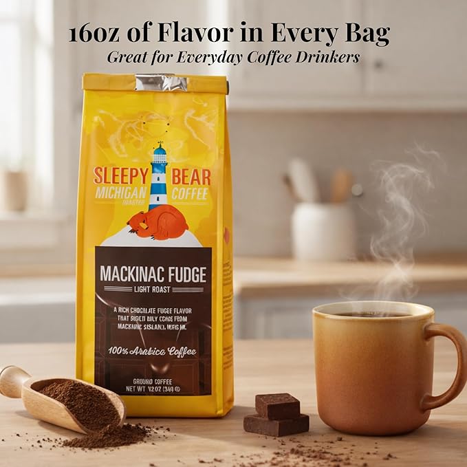 Sleepy Bear Mackinac Fudge Ground Coffee – Flavored Light Roast Arabica with Rich Fudge Flavor Michigan-Made Smooth &amp Sweet Blend No Sugar Added 16oz Reclosable Bag (1 16 oz)