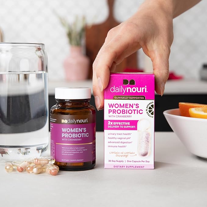 Daily Nouri Probiotics for Women | Vaginal Health + Urinary Tract Support | Vaginal pH &amp Microbiome Balance | 5 Clinically Studied Strains + Cranberry &amp Omega | 60-Day Supply