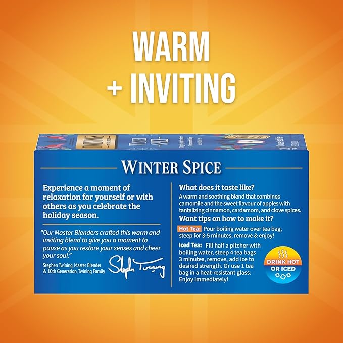 Twinings Winter Spice Herbal Tea Individually Wrapped 20 Count (Pack of 6) Camomile Apple Cinnamon &amp Clove Caffeine-Free Enjoy Hot or Iced 120 Teabags