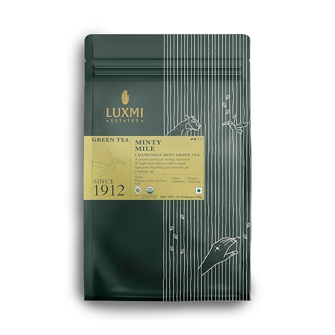 Luxmi Estates Minty Mile Organic Chamomile Mint Green Tea (50 Tea Bags) Low Caffeine Tea Bags For Relaxing Calming and Stress Relief With Certified Organic Darjeeling Makaibari Green Tea