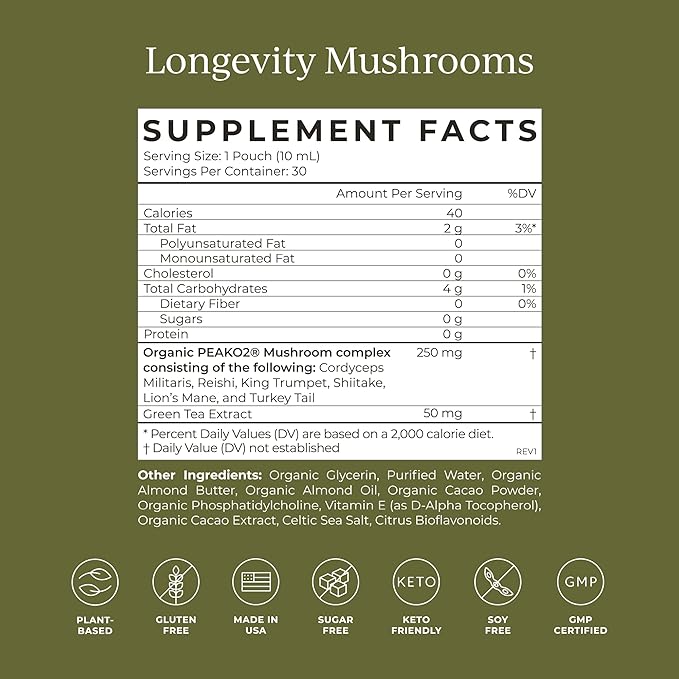 CYMBIOTIKA Liposomal Mushroom Supplement with Lion's Mane Turkey Tail B-Vitamins Cordyceps &amp Reishi Mushrooms Supplements for Immune Support and Energy Chocolate Fudge Flavor 30 Pack