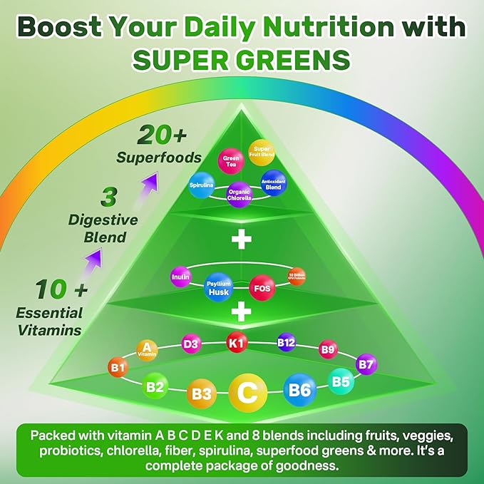 Super Greens Multivitamin Gummies Daily Greens Superfood Gummies w/Spirulina Chlorella Multivitamins Prebiotic Fiber Adaptogens Support Digestive &amp Gut Health Immunity Focus &amp Energy