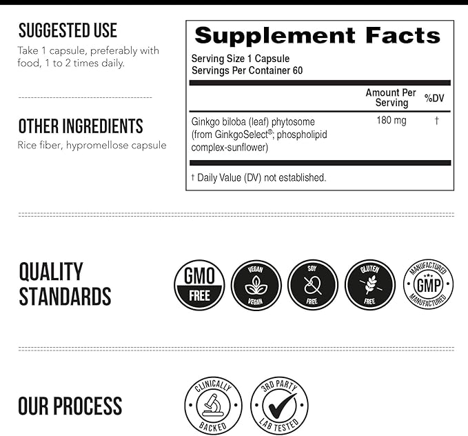 SoActive Ginkgo Biloba with GinkgoSelect® Phytosome | Clinically Studied Enhanced Absorption for Brain Heart &amp Memory Support – 180 mg – Helps Maintain Circulation &amp Cognitive Health (60 Caps