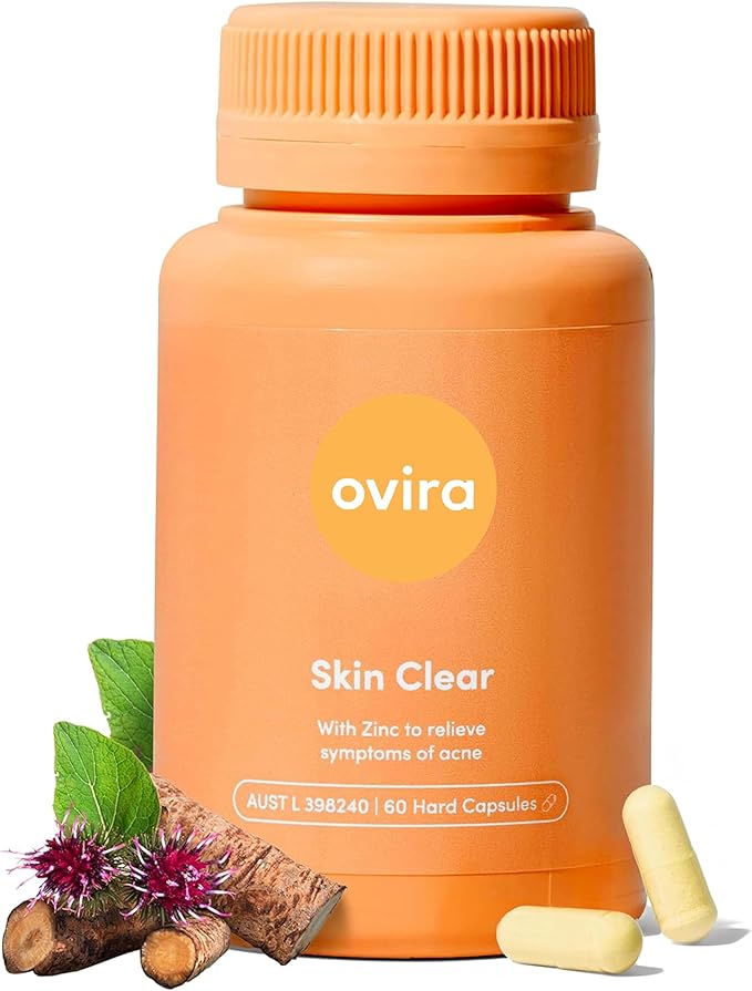 Ovira Skin Clear with ZINCBRIGHT - 60 Capsules for Clear &amp Glowing Skin | Rosacea &amp Hormonal Acne Treatment with Vitamin C | Support Collagen Production | Acne Supplements for Women &amp Men