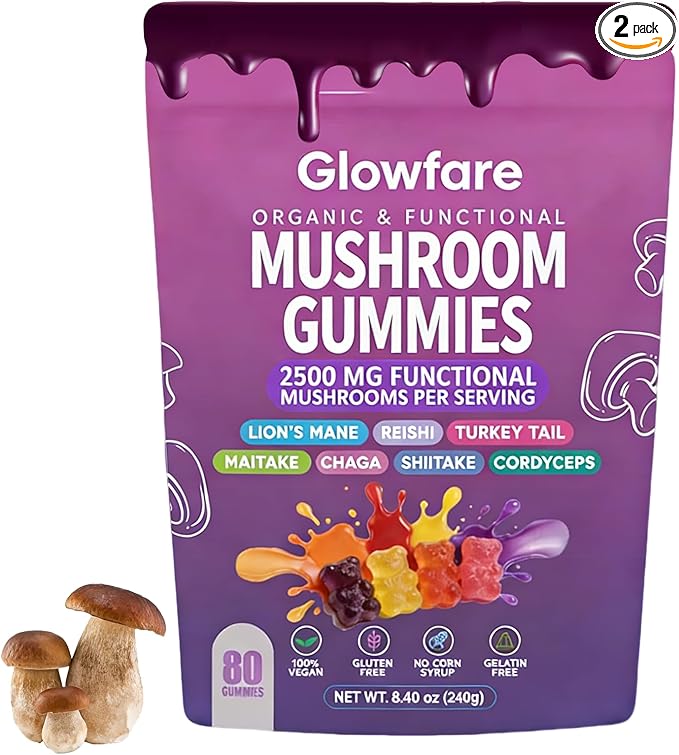 Mushroom Gummies Organic &amp Functional Mushroom Gummies Glow Fare Mushroom Gummies Supplement for ImmuneDefense Immune Boosts Cognitive Performance and Energy 80 Gummies (1PCS)