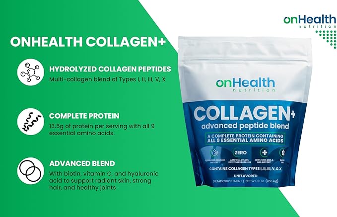 onHealth Multi Collagen Peptide Powder Types I II III V &amp X Complete Protein with All 9 Essential Amino Acids Biotin Hyaluronic Acid &amp Vitamin C Unflavored Easy‑Mix Collagen for Women &am