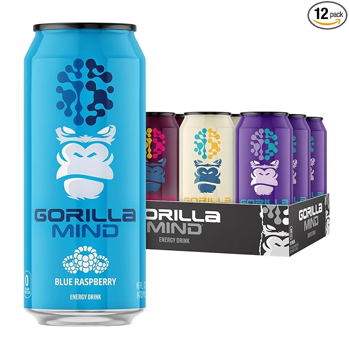 Gorilla Mind Energy Drink | Unmatched Energy · Amplified Focus | N-Acetyl-L-Tyrosine Alpha-GPC 200mg Caffeine Uridine Saffron | 0 Sugar Or Artificial Colors | 16oz | 12-Pack (Variety Pack #1)