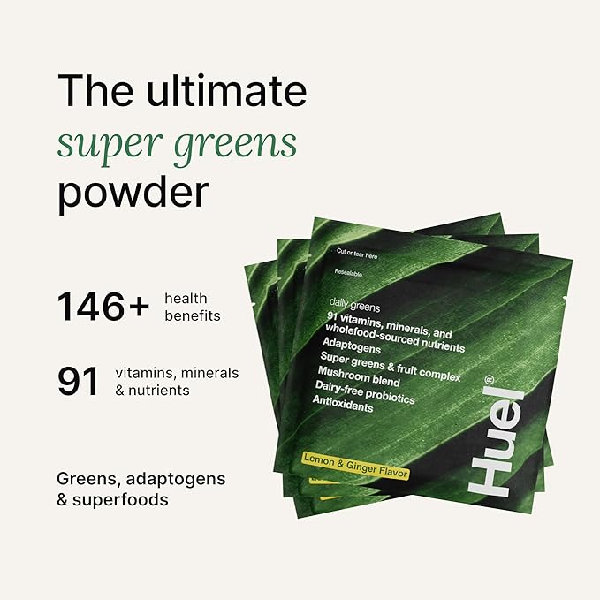 Huel Daily Greens Single Serve Lemon and Ginger | Superfood Greens Powder | 91 Vitamins Minerals and Wholefood-Sourced Ingredients | Adaptogens Antioxidants Gut-Friendly Probiotics | 12 Pack