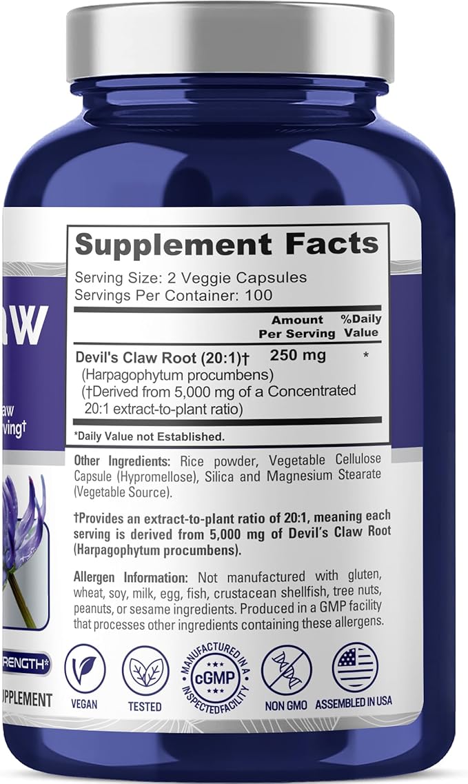 NusaPure Devil's Claw 20:1 Extract 250 mg Equivalent to 5000mg 200 Veggie Capsules Concentrated Root Extract Devils Claw Herbal Supplement Non-GMO Vegan Supplement