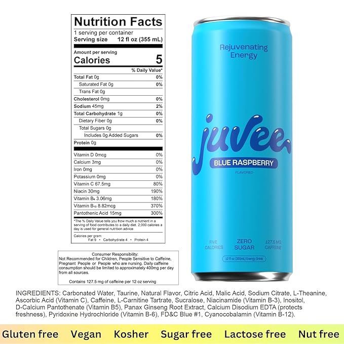 Juvee Rejuvenating Energy Drink Bundle – Blue Raspberry &amp Cherry Slushie 12 oz Cans Pack of 12 Each – Sugar Free 128 mg Natural Caffeine per Can Zero Sugar Low Calorie Clean Energy &amp Men